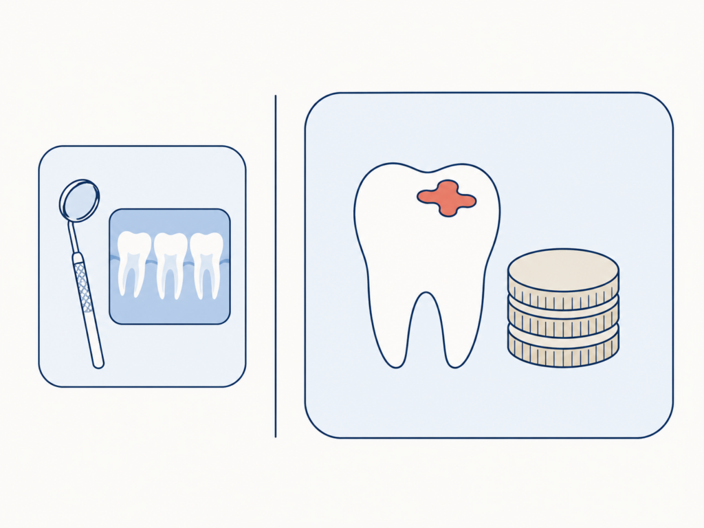 Illustration comparing the two parts of an emergency dental bill: the visit and examination on one side, the treatment on the other